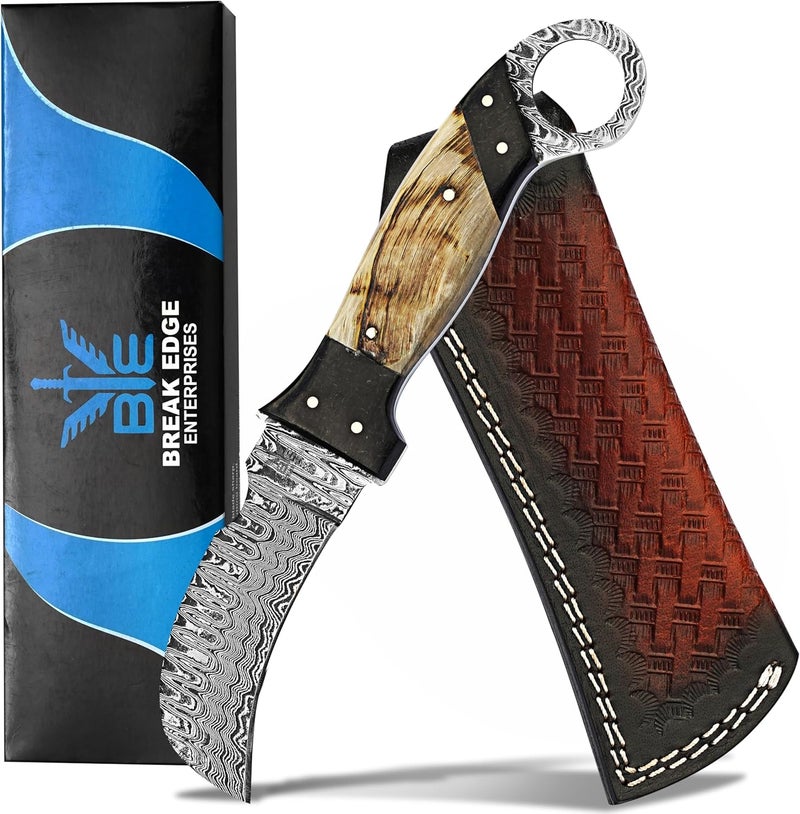 BE BREAK EDGE Handmade 1095 Steel Lineman’s Hawkbill knife with Leather sheath, Heavy Duty Utility Knife blade Electrician Wire Skinning knife for professional.(Horn) - Image 1